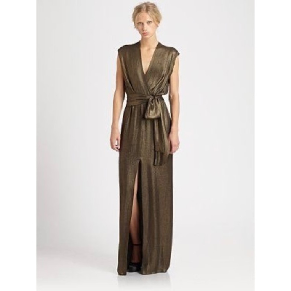 L'AGENCE Metallic Olive-Gold Wrap Maxi Dress